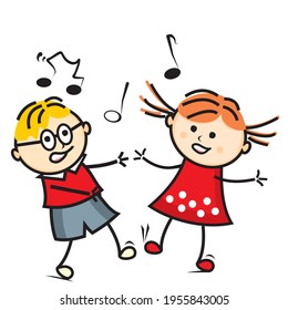 Singing and dancing kids, boy and girl, at background music notes