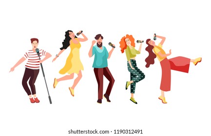 Singing and dancing with microphones young people. Girls and guys have fun at karaoke. Vector illustration