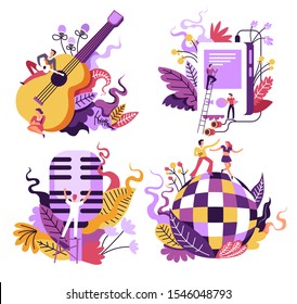 Singing and dancing, music playing and listening isolated icons vector. Guitarist with guitar and mp3 player, retro microphone and disco ball. Concert and playlist, karaoke and night dance club