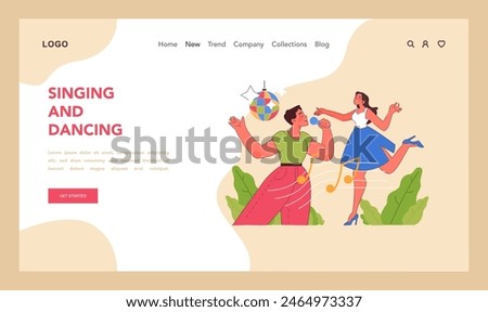 Singing and dancing web or landing. Vibrant duo expresses joy through music and movement under disco ball. Celebrating personality, freedom of expression, rhythm and life. Flat vector illustration