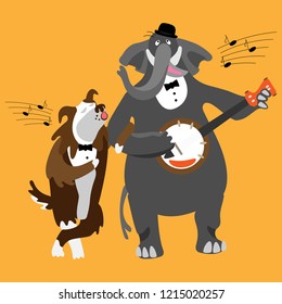 Singing dog and elephant with banjo. Fine for a greeting card, home pages and invitations to parties and gigs.