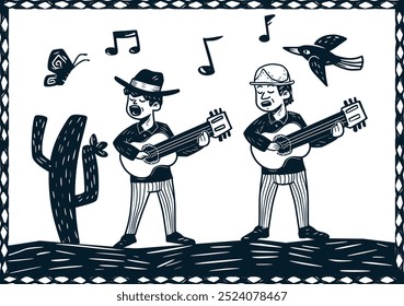 A singing duo in a wild setting. Birds and butterflies in woodcut style.