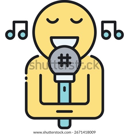Singing Emoji with Microphone and Musical Notes, Yellow and Blac