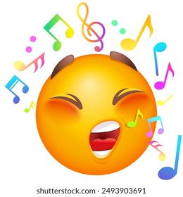 Emoji cantando sobre fondo blanco. Emoji para fiesta, celebración, invitación, tarjeta, impresión, Elementos de Diseño gráfico. Emoticonos lindos