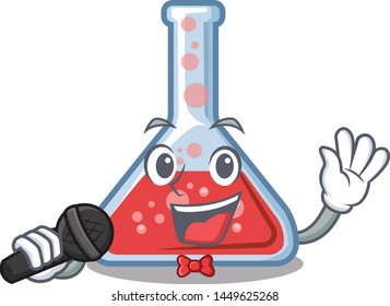 Singing erlenmeyer flask above wooden cartoon table