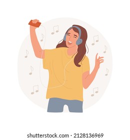 Singing favorite songs isolated cartoon vector illustration. Smiling teenage girl singing song, exited with lyrics, music fan, wearing headphones, entertainment, relaxation time vector cartoon.