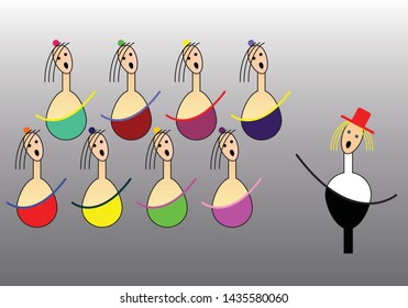 singing female choir with a conductor on a gray background