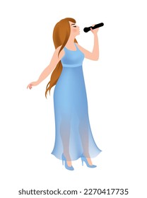 Cantando a una chica con vestido azul. Ilustración del vector sobre fondo blanco