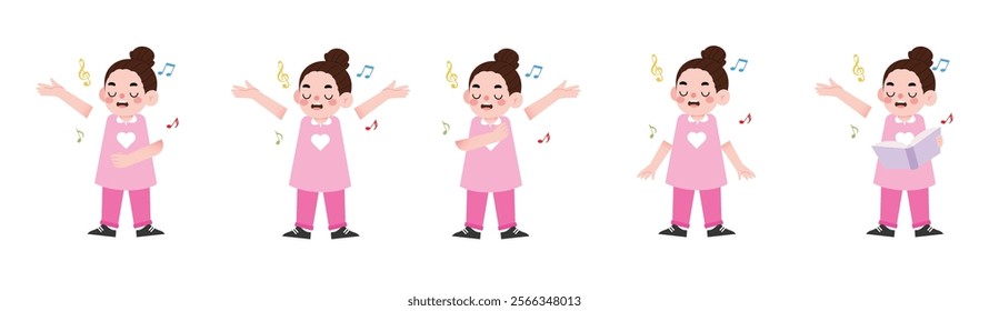 Singing Girl Child Cartoon Illustrations Various Poses Music Notes