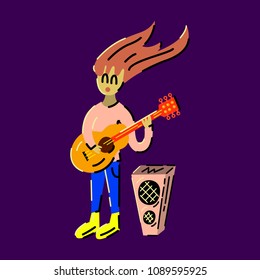 Singing girl with guitar. Vector illustration