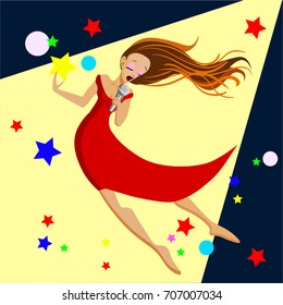 Singing girl. Pop singer Vector illustration flat cartoon illustration isolated on light yellow background.