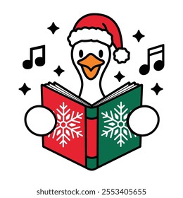 Singing Goose with Christmas Hat and Songbook Illustration