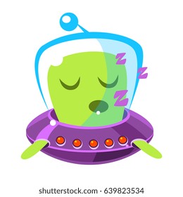 Singing green alien in a flying saucer, cute cartoon monster. Colorful vector character