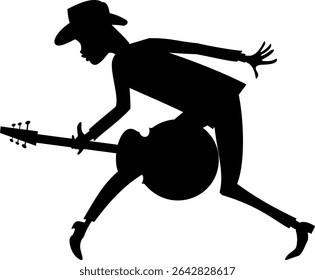 Singing guitar player. Art silhouette. 
Guitarist plays electric guitar and sings. Black on white background
