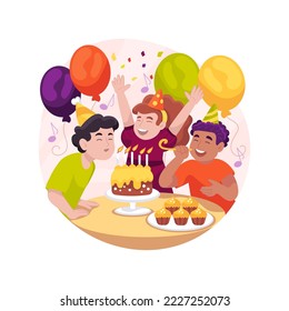 Cantando Feliz cumpleaños aislado ilustración vectorial de dibujos animados. Celebración de cumpleaños, niños aplaudiendo y cantando, niño feliz haciendo estallar velas en el pastel, usando gorras, dibujos animados vectores de fiesta en casa.