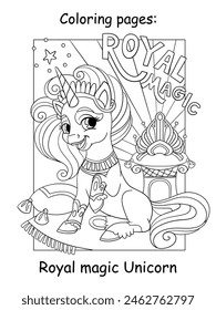 Singing happy unicorn with lettering royal magic. Kids coloring book. Vector monochrome illustration of cute unicorn on background. Magic pony cartoon character. For children coloring, print,design