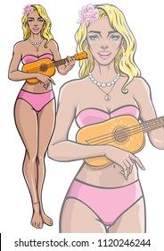 Singing hippie girl playing ukulele guitar. Beautiful smiling female in bikini and peace necklace enjoying summer vacation. Vector illustration in pop art, comic, pin up style. Isolated mascot poster.