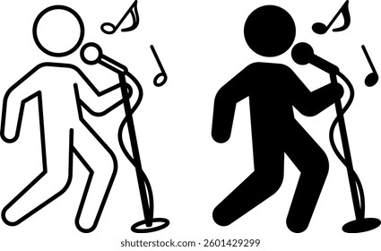 Singing Icons. Black and White Vector Illustrations. Man Singing Song. Microphone, Singer, and Musical Notes. Concept Music
