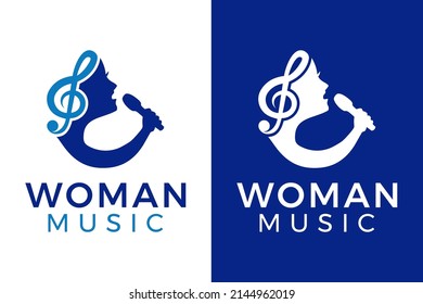 Singing Karaoke Woman Face Silhouette logo design, Singer Vocal Choir with Music Notes	