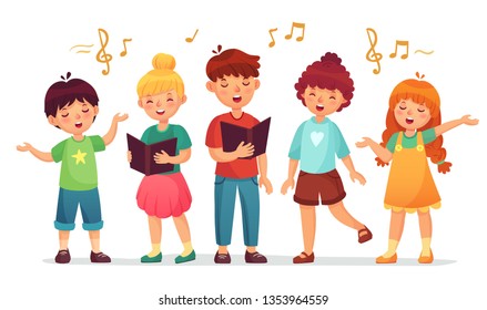 Singing Kids. Music School, Kid Vocal Group And Children Choir Sing. Children Singing Performance Or School Karaoke Singer Character. Cartoon Vector Illustration Isolated Icons Set