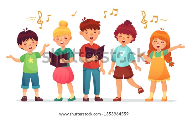子供を歌う 音楽学校 小さな声楽グループ 子どもの合唱団が歌う 歌を歌う子供や学校のカラオケ歌手のキャラクター カートーンベクターイラストのアイコンセット のベクター画像素材 ロイヤリティフリー