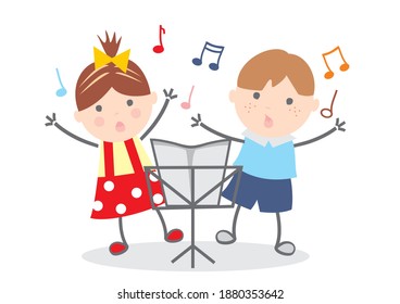 singing kids and music stand, vector illustration,