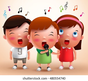 Singing kids vector characters holding microphone and performing with flying notes in a background. Vector illustration.
