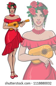 Singing lady playing ukulele guitar. Beautiful smiling female in fashionable summer red dress with flower hair wreath. Vector illustration in pop art, comic, pin up style. Isolated mascot poster.