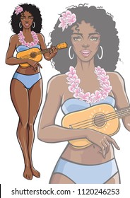 Singing Lady Playing Ukulele Guitar. Beautiful Smiling Female In Bikini And Hawaiian Flower Lei Necklace. Vector Illustration In Pop Art, Comic, Pin Up Style. Isolated Mascot Poster.