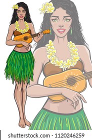 Singing Lady Playing Ukulele Guitar. Beautiful Smiling Female In Hawaii Traditional Dress And Hawaiian Flower Lei Necklace. Vector Illustration In Pop Art, Comic, Pin Up Style. Isolated Mascot Poster.