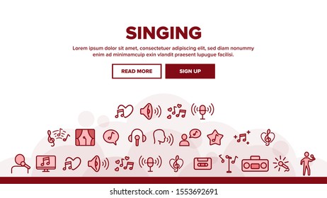 Singing Landing Web Page Header Banner Template Vector. Singing And Listening Song And Music In Karaoke, Concert, Tape-recorder Or Audiophone Illustration