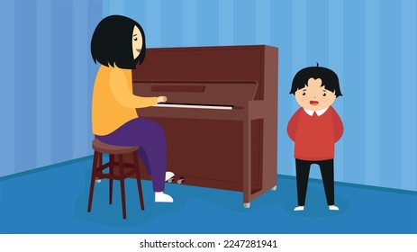 Singing lesson, the teacher plays the piano, the boy sings
