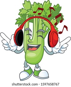 Singing and Listening music celery plant cartoon character