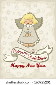 singing little angel with little bird vintage colors winter holidays Christmas New Year card with wishes in English