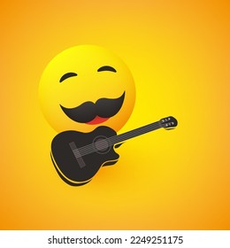 Emoticon canto masculino, cara con ojos sonrientes, bigote y guitarra en fondo amarillo - diseño vectorial