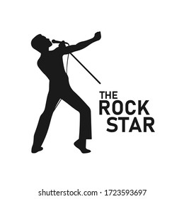 Singing Male Rock Star Pose Silhouette. Rock Star Logo Sign Or Symbol Concept. Guy Singing A Rock Song. Man On Stage. Concert Icon. Loud Voice. Singer Audition - Simple Black And White Illustration.