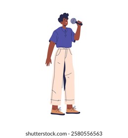 Singing man with closed eyes holding microphone. Vector flat cartoon character, isolated karaoke signer singing songs and performing musical compositions. Vocalist of band, leisure time