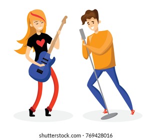 Singing man, holding microphones and girl playing guitar cartoon vector illustration isolated on white background
