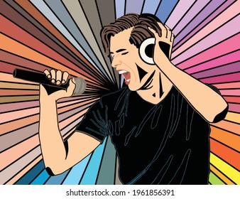 singing man, man singing into a microphone on a colored background