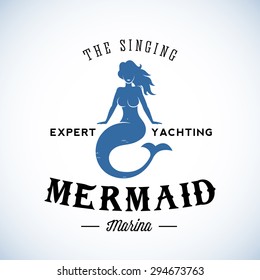 The Singing Mermaid Marina Abstract Vector Retro Logo Template or Vintage Label with Typography. Isolated