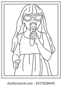 Singing mic in coloring page vector template 