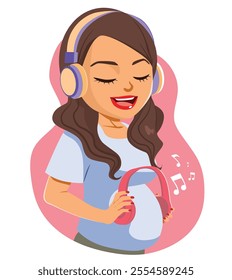 Singing mother with headphones on belly vector illustration. Parent bonding with baby listening music