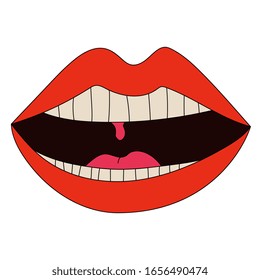 Singing mouth creative illustration. Vector EPS 10. Pop art cartoon style. Colorful digital doodle. Lips, open mouth, tongue, teeth. Sticker. Graphic design element. 90s style. 
