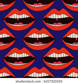 Singing mouth creative illustration. Vector EPS 10. Pop art cartoon style. Colorful digital doodle. Lips, open mouth, tongue, teeth. Seamless pattern. Graphic design element. 90s style. 