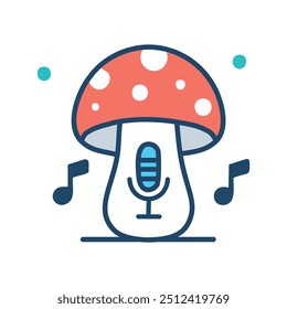 Singing mushroom. Cartoon mushroom with a microphone, suggesting musical creativity and recording sound.