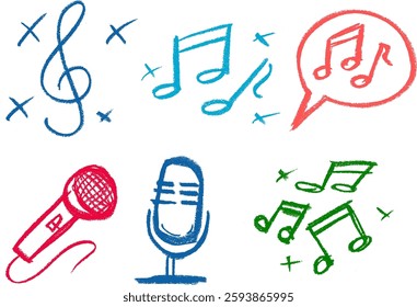 Singing and Music Related Icons Crayon Chalk Drawing Vector Set