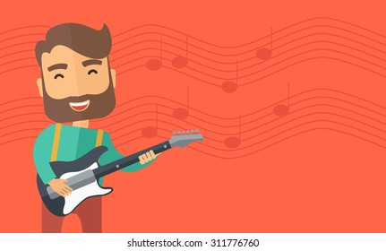 A singing musician playing electric guitar. Vector flat design illustration. Horizontal layout with text space in right side.