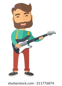 A singing musician playing electric guitar. A Contemporary style. Vector flat design illustration isolated white background. Vertical layout