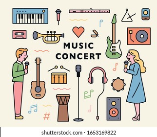 Singing musicians characters and children icons. flat design style minimal vector illustration.