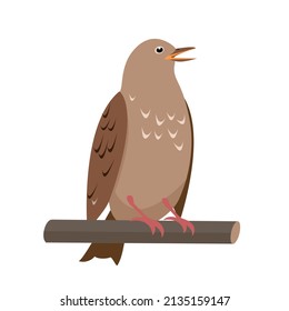 Singing Nightingale Vogel sitzend auf Baum Brunch. Nachthematische Symbole einzeln auf weißem Hintergrund. Flaches oder Cartoon, Vektorgrafik für Naturornitologie-Design.